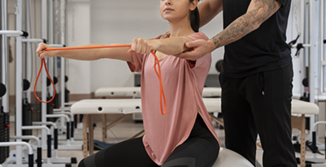 Full shot woman exercising with ball